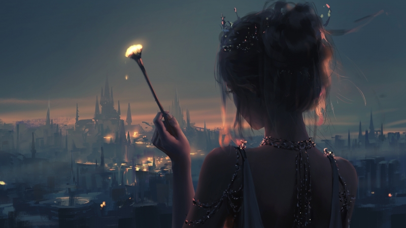 夜晚灯火下的少女背影！这款动漫电脑壁纸太治愈了