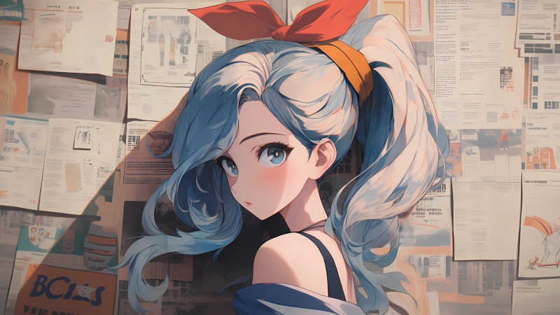 报纸墙马尾蝴蝶结动漫女孩电脑壁纸上新 多款高清尺寸可选