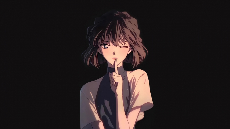 灰原哀短发比嘘手势！这款黑背景电脑壁纸太绝了