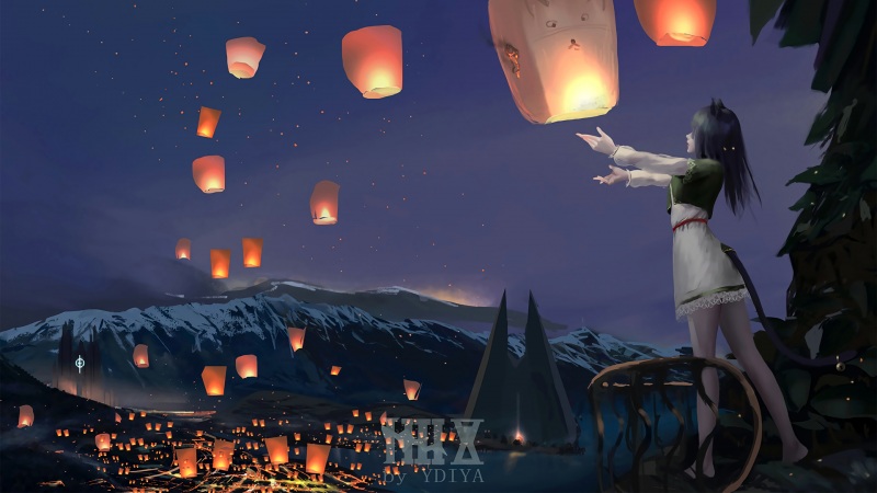 孔明灯搭配长发少女的夜晚唯美插画2K壁纸来了