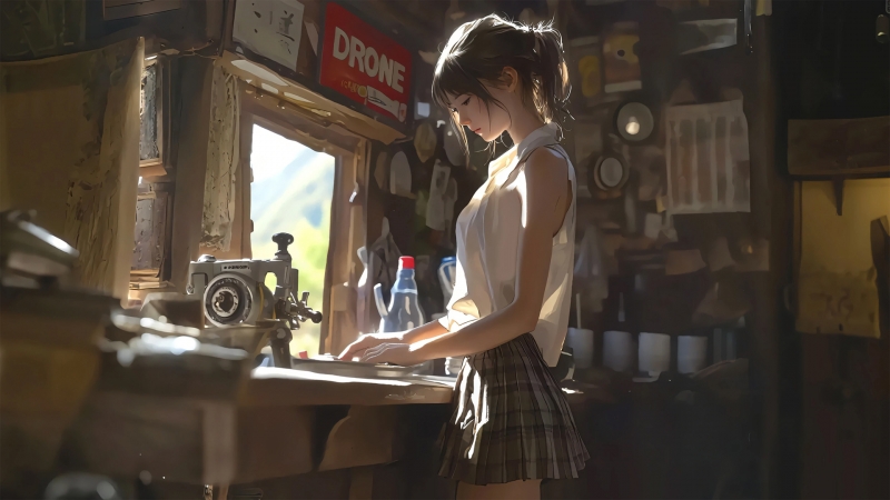 复古缝纫机搭配动漫少女 这款电脑壁纸太有格调了