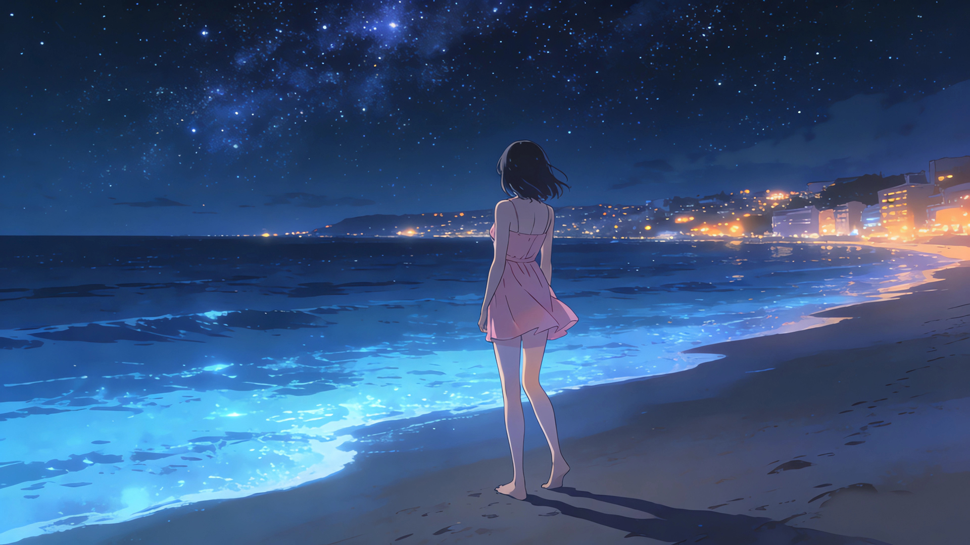 海边星空下的粉裙少女背影 超治愈动漫壁纸来了