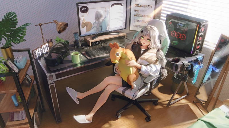 异世界少女房间主题动漫壁纸 带拖鞋玩具电脑桌元素