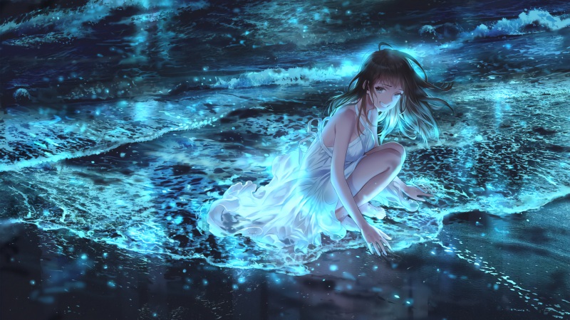 海滩蹲姿微笑少女动漫壁纸 多款高清尺寸可选