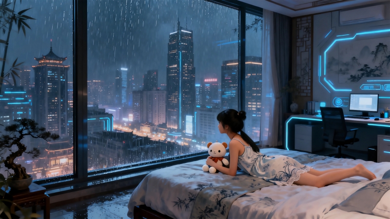 雨夜赛博房间里的小女孩和小熊 超治愈动漫壁纸来了