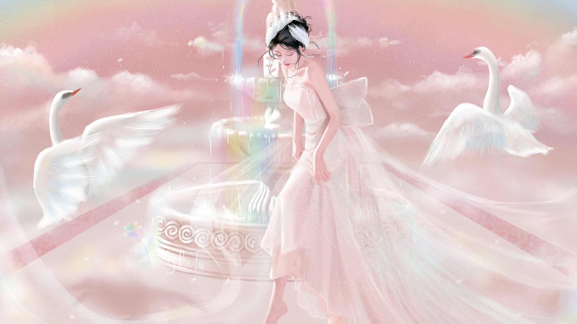 巴图BaTu梦幻动漫壁纸：天鹅女孩搭配彩色喷泉云雾场景