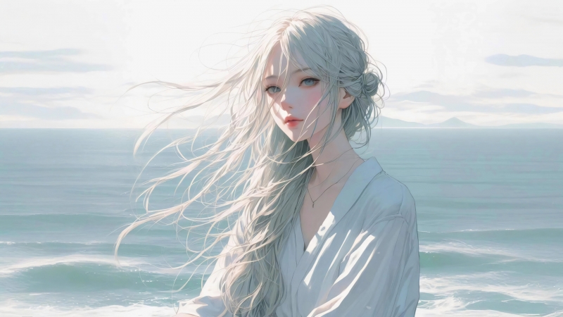 海边长发少女动漫壁纸 高清电脑壁纸一键下载