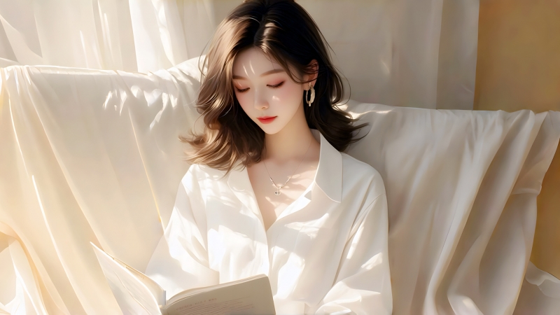 看书美女白衬衫电脑桌面壁纸来了！多款高清尺寸任你选