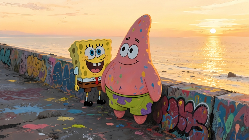 超萌！海绵宝宝海边涂鸦风电脑壁纸分享