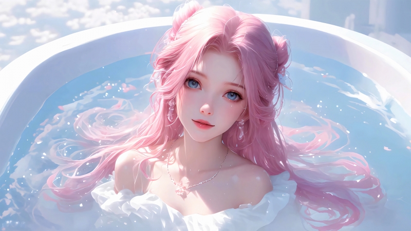 粉长发沐浴少女动漫电脑壁纸 高清款任你挑