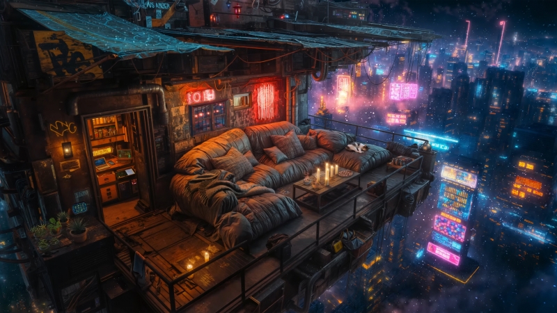 赛博朋克感拉满！高层露台的迷幻城市电脑壁纸来了