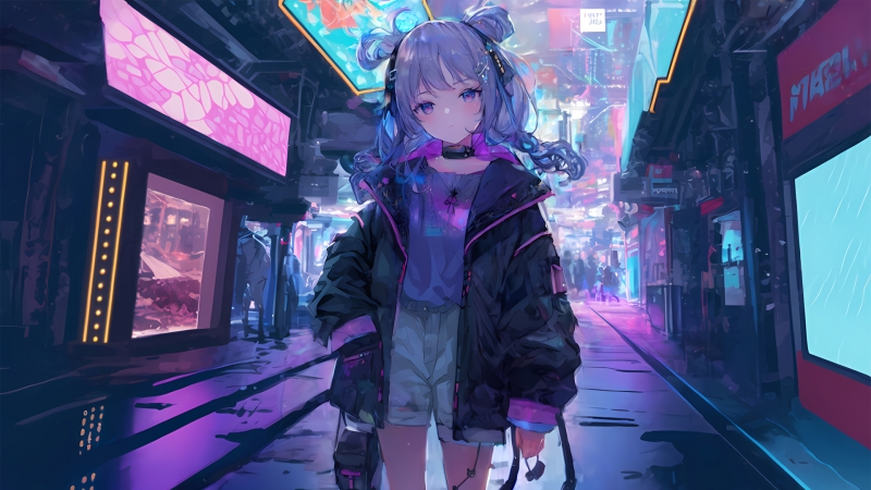 赛博朋克少女街景动漫壁纸 高清免费下载