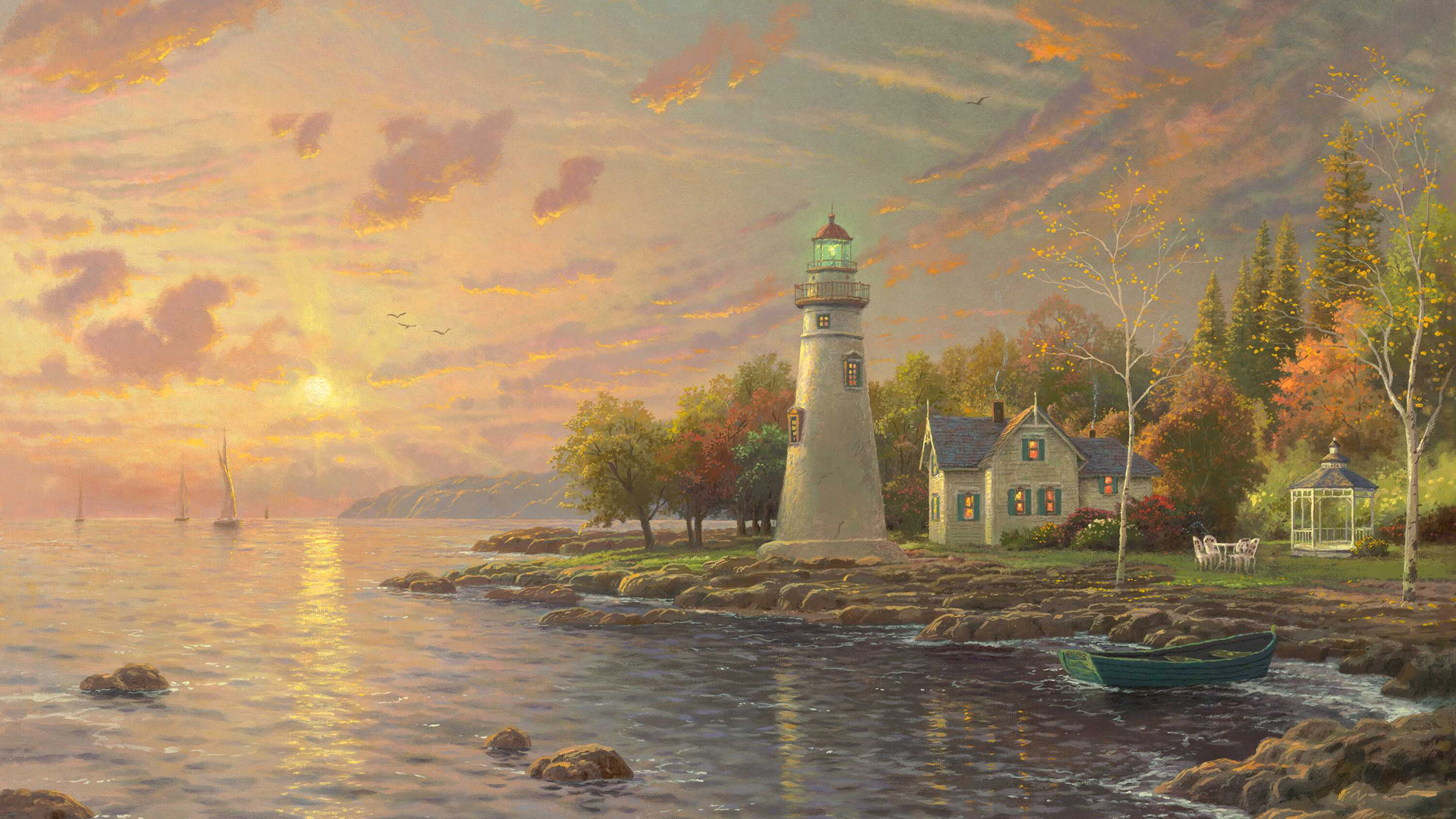 这款带灯塔的手绘风景壁纸，适配多种电脑屏幕尺寸