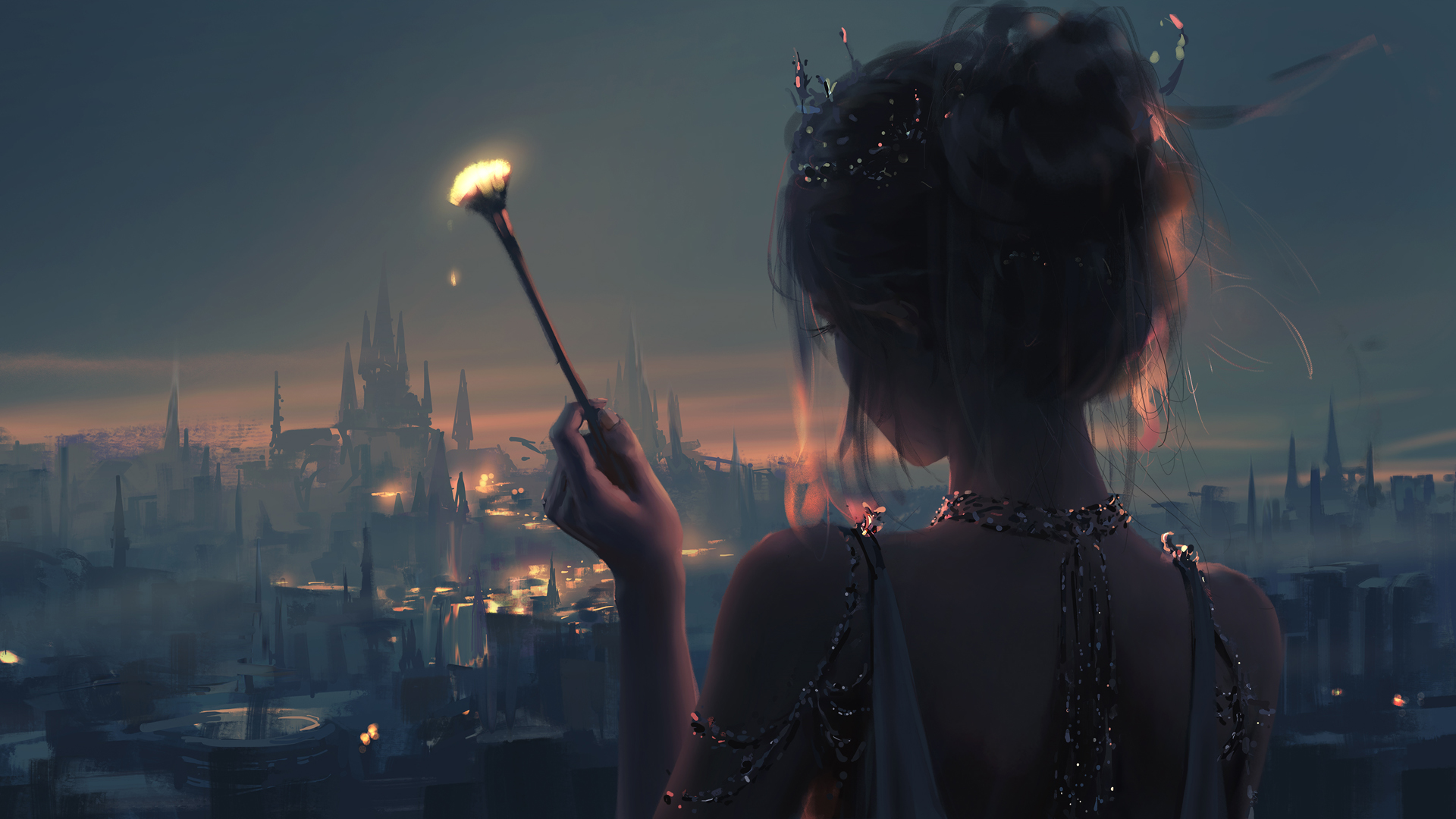 夜晚灯火下的少女背影！这款动漫电脑壁纸太治愈了