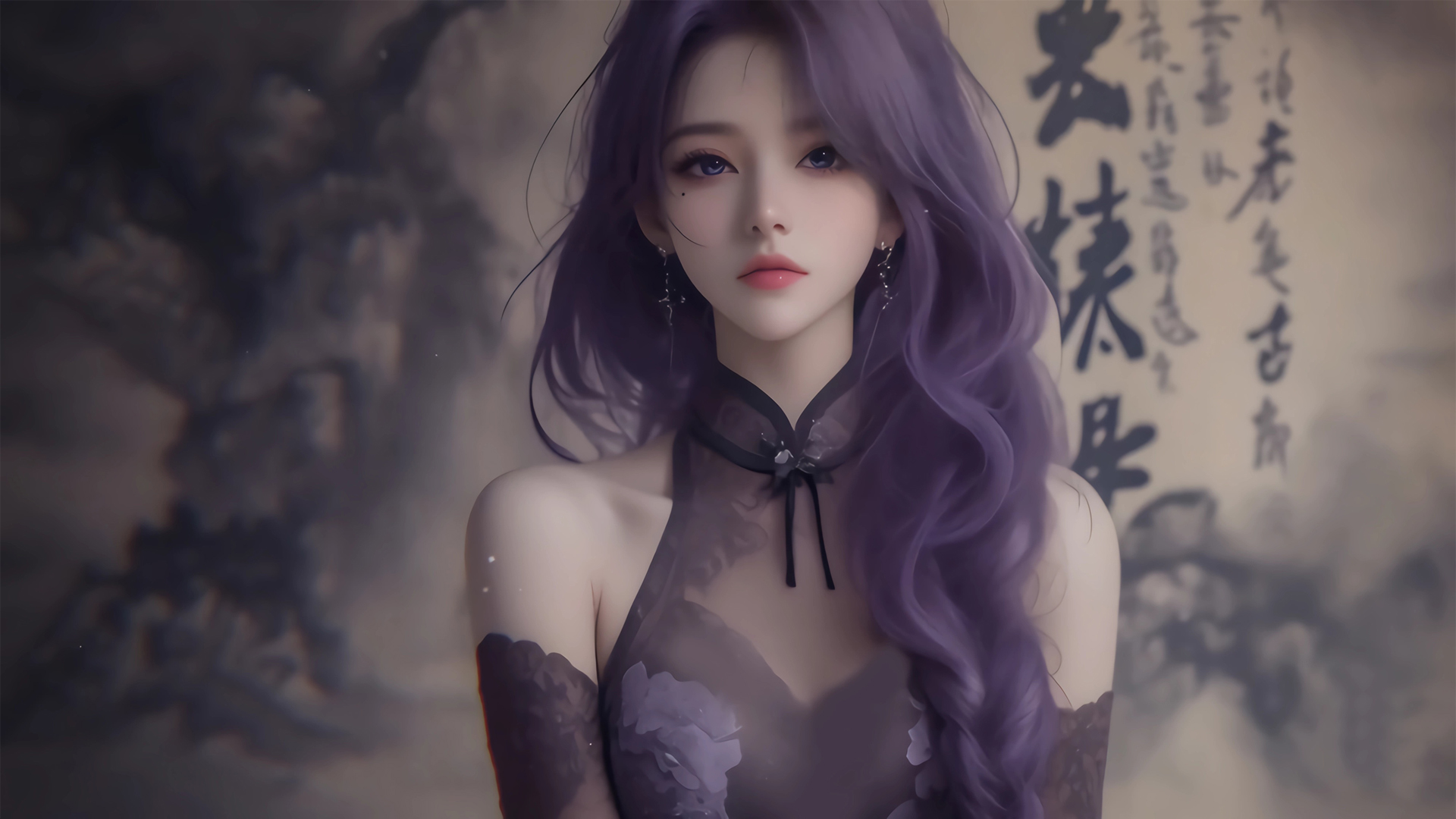 紫长发卷古风美人 电脑高清动漫壁纸