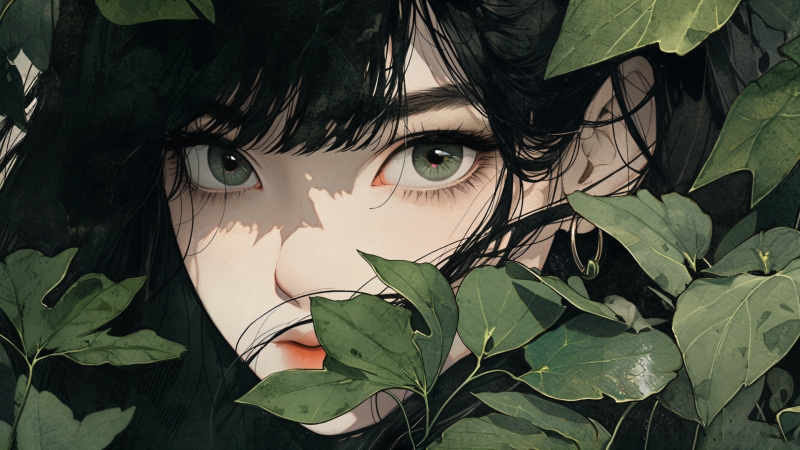 带绿叶的动漫少女电脑壁纸 多款高清尺寸可选