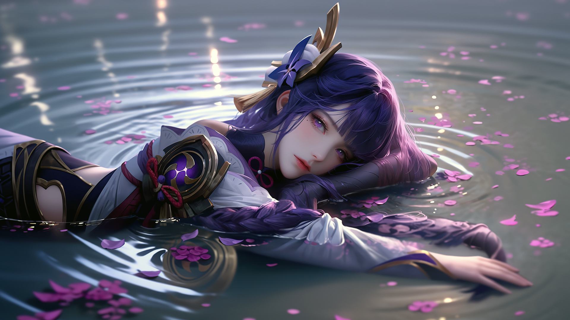 原神雷电将军带水和花瓣的电脑高清壁纸来了