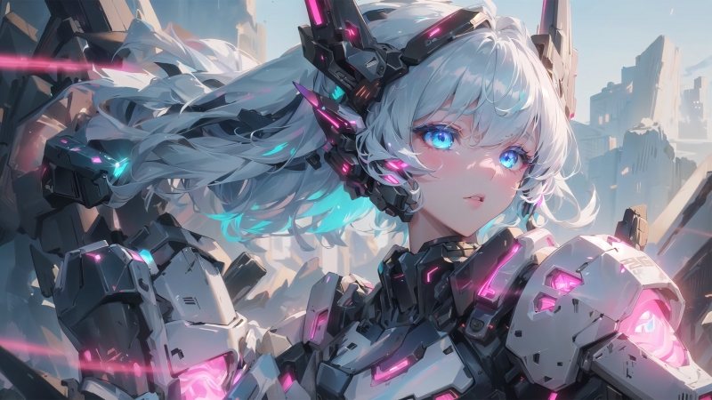 长发蓝眼机甲少女 这款高清动漫壁纸太绝了
