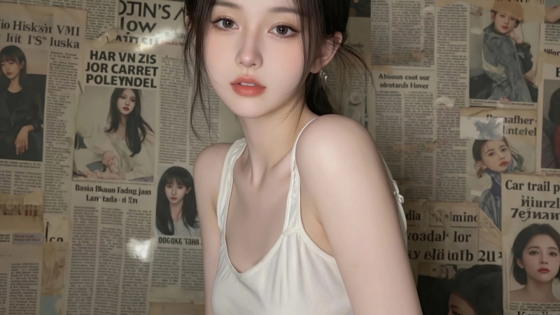 报纸墙背景的可爱动漫美女电脑壁纸