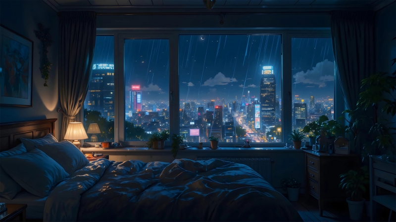适合电脑桌面的温馨卧室城市夜景动漫壁纸