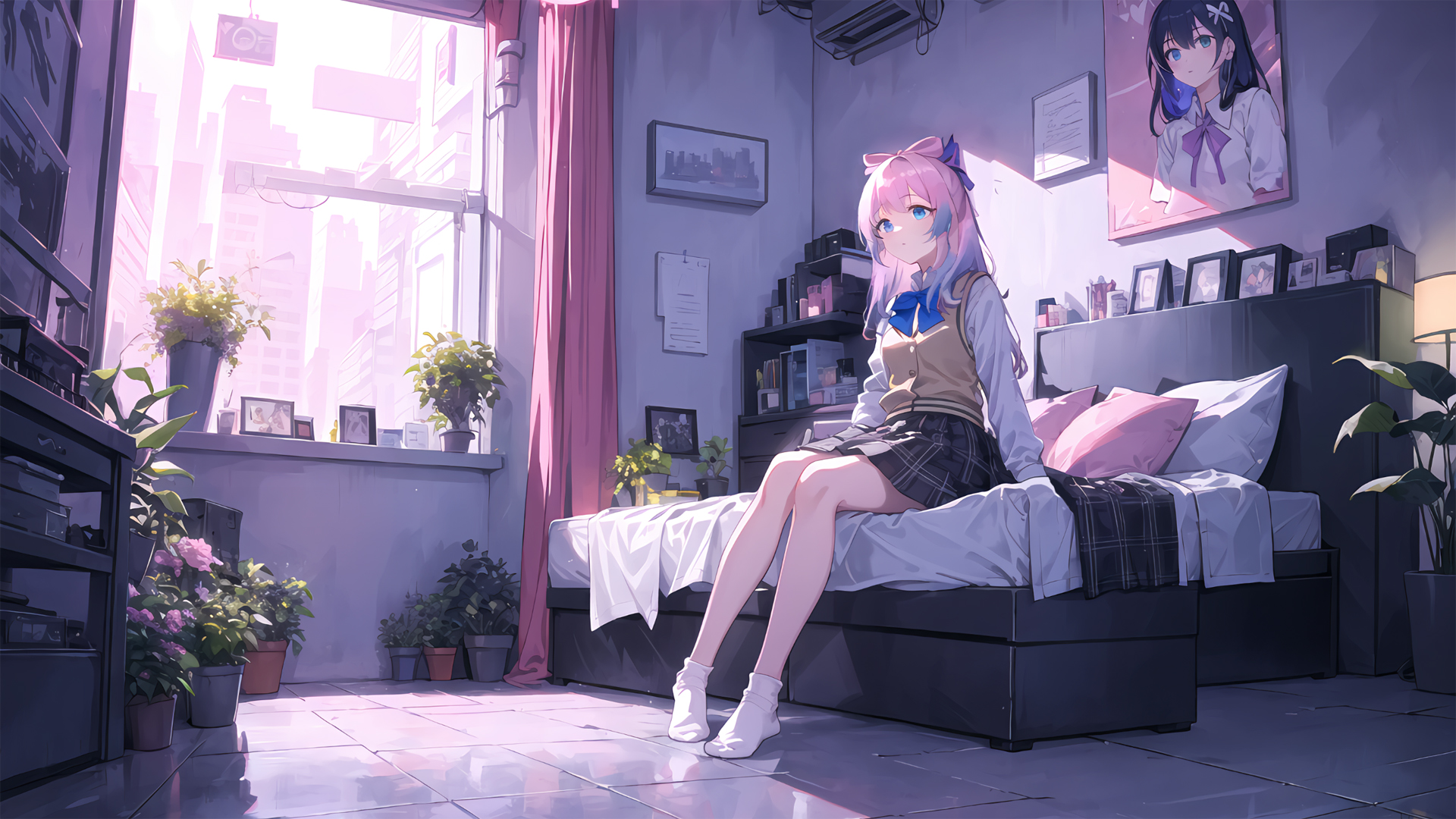 带蓝眼睛少女的夏日房间绿植动漫壁纸分享