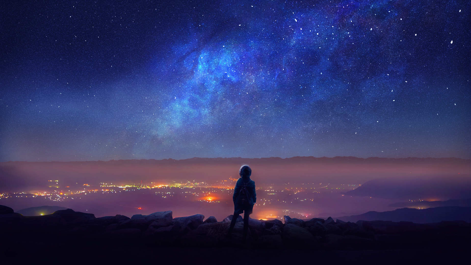 女生仰望星空的动漫电脑壁纸来了