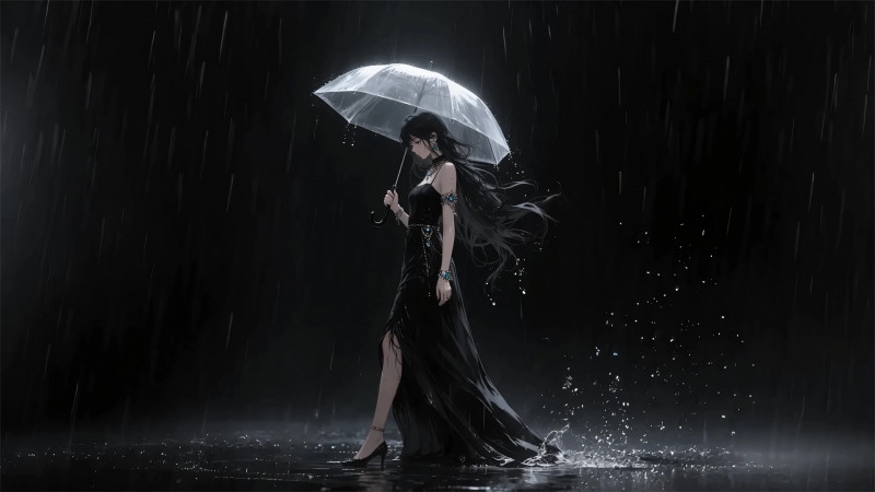 雨夜撑伞黑裙美女 暗黑风动漫高清壁纸