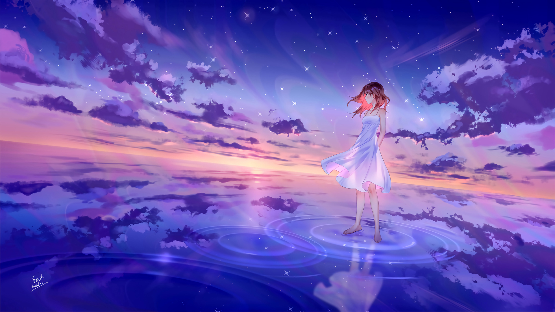 星空与海水搭配的白裙少女动漫壁纸 超高清壁纸推荐