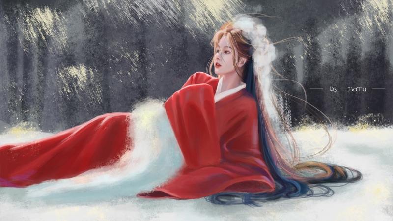 巴图BaTu森林雪地红衣古装女子 高清动漫壁纸