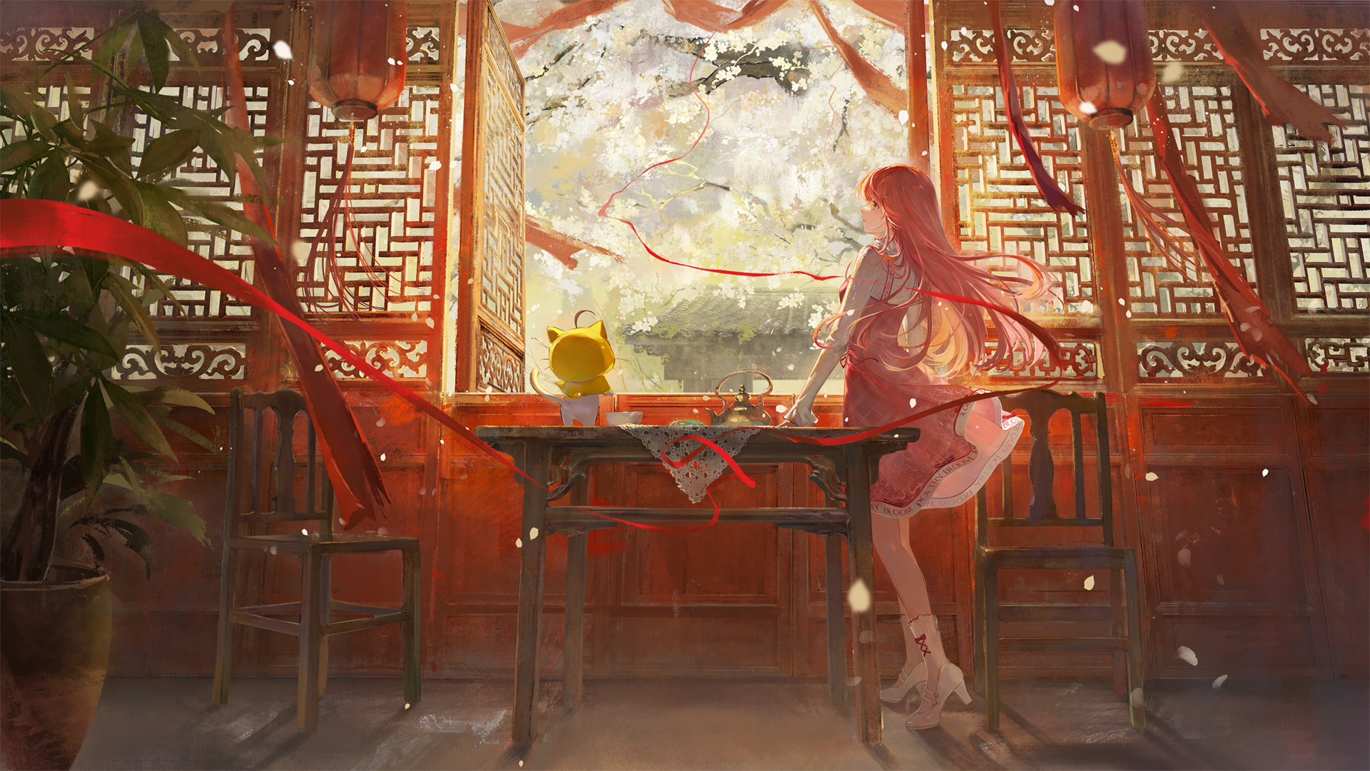 氛围感拉满！国风红衣少女房间动漫壁纸推荐