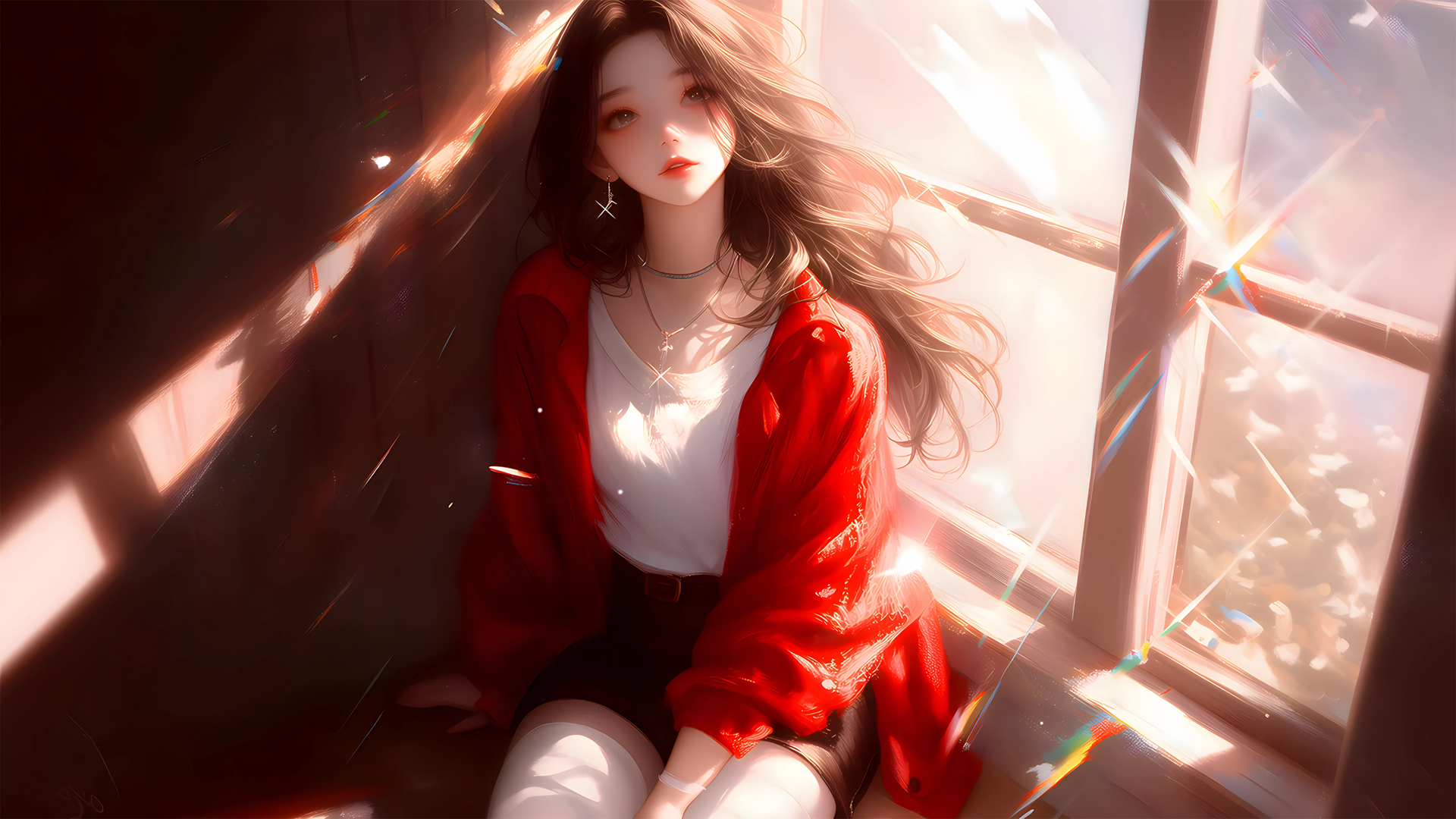 窗边晒阳光的动漫少女！红外套白内搭的高清壁纸来了