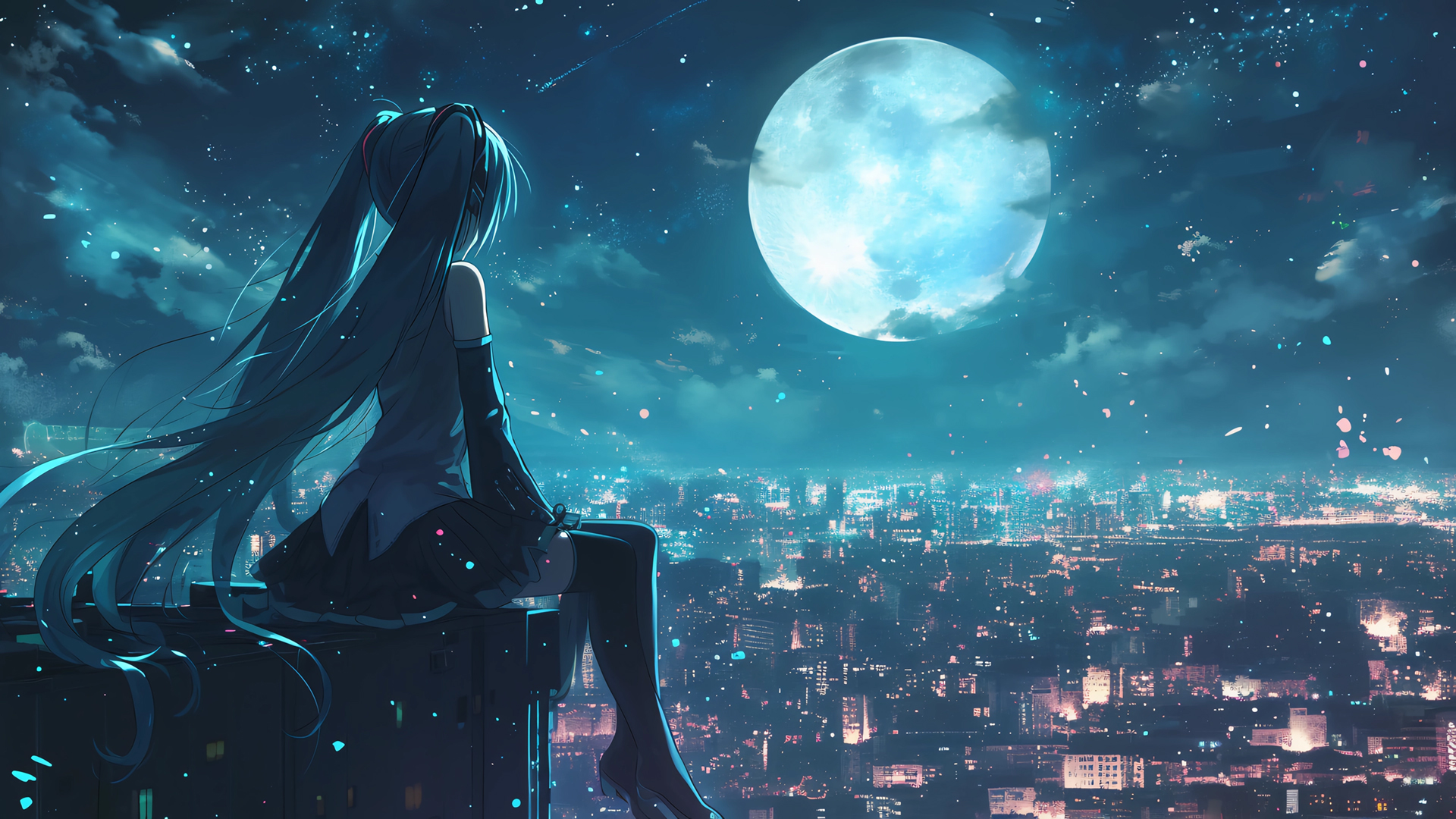 初音赏月星空动漫风景壁纸 高清电脑桌面壁纸免费下载