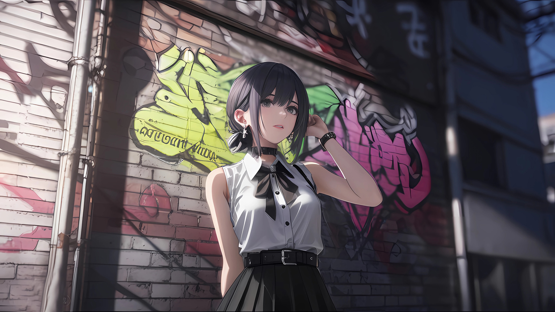 街头涂鸦创意背景墙！这款动漫美女2K电脑壁纸太对味了
