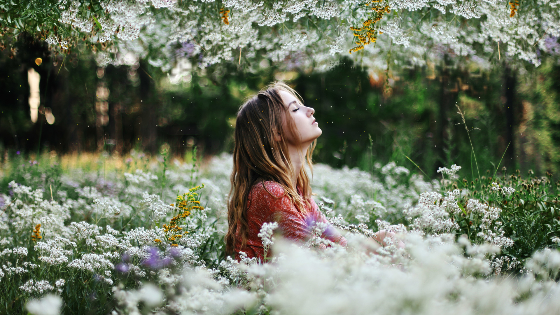 花丛里的氛围感美女！这款电脑桌面壁纸太绝了