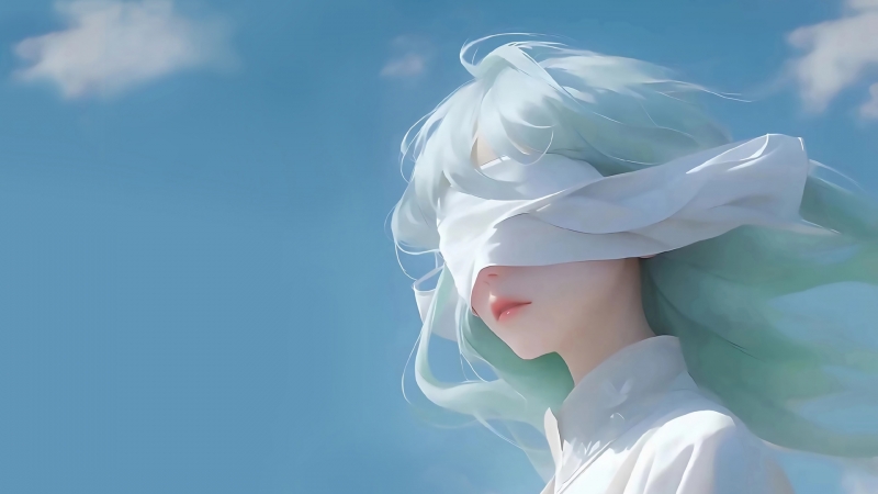 蓝天配蒙眼白衣少女！这款动漫壁纸太治愈了