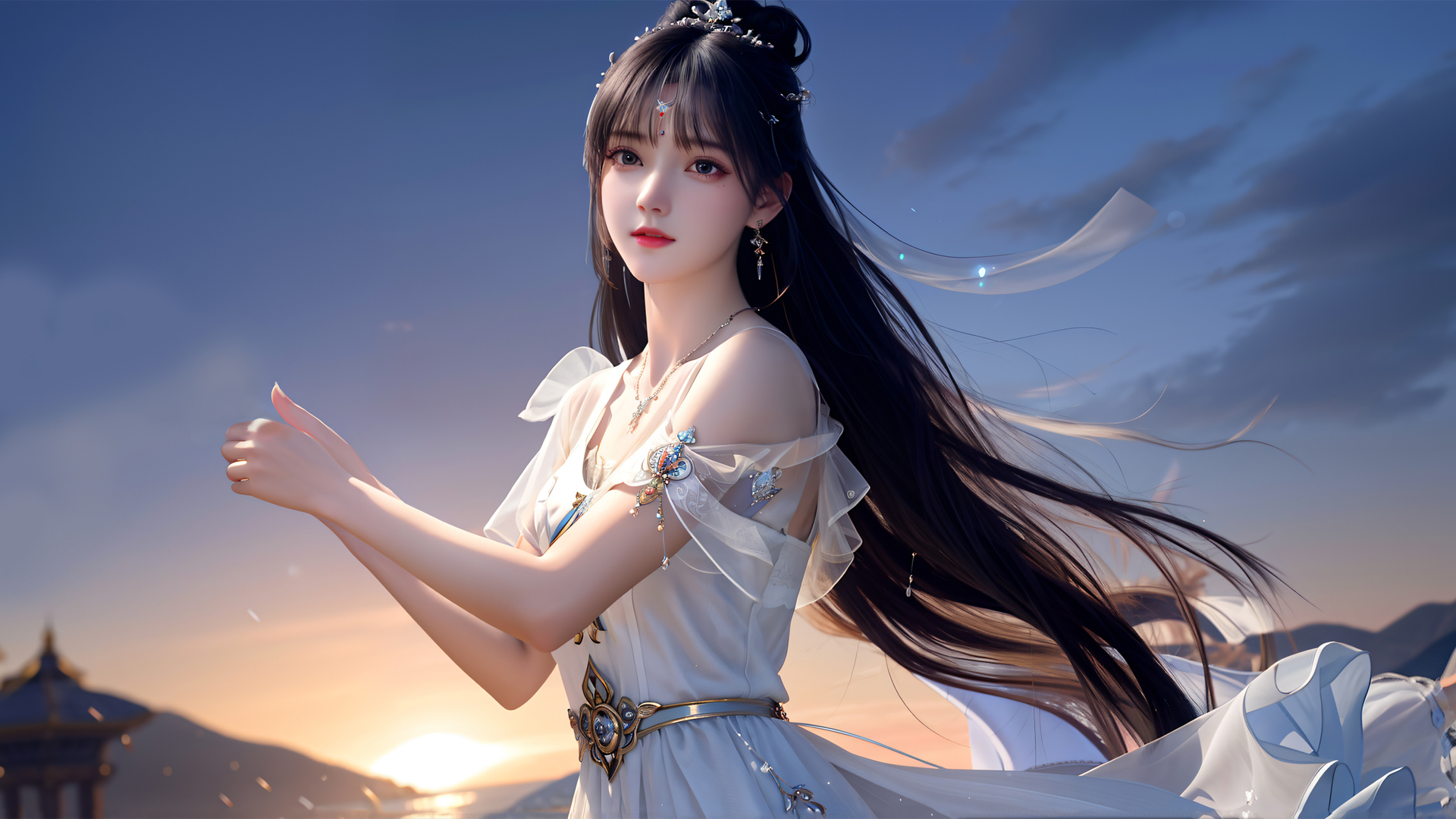 黑长发白长裙动漫美女高清壁纸 一键get多款尺寸