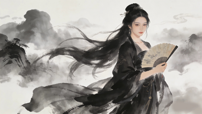 水墨风黑裙古风美女配折扇 高清电脑动漫壁纸