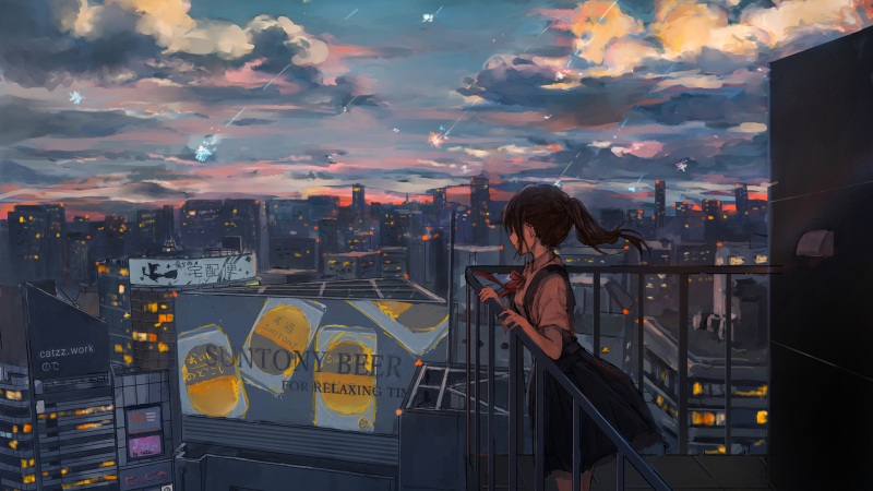 傍晚都市夜景配少女流星的2K动漫壁纸推荐