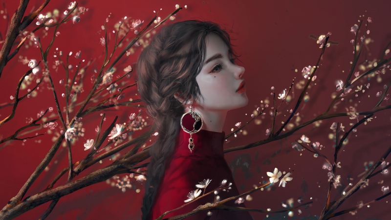 带梅花和长辫子的动漫少女壁纸 高清无水印可下载