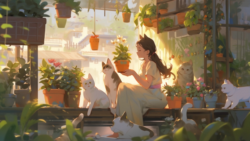 治愈感拉满！女孩猫咪盆栽可爱动漫高清壁纸合集