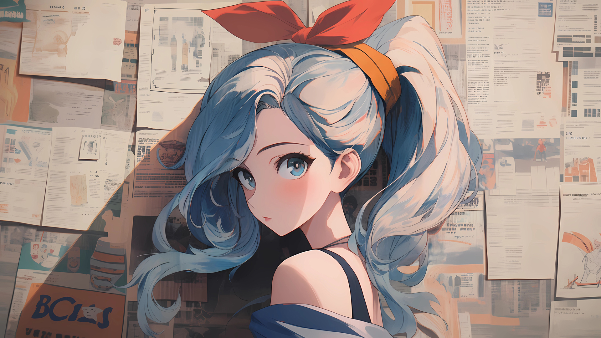报纸墙马尾蝴蝶结动漫女孩电脑壁纸上新 多款高清尺寸可选
