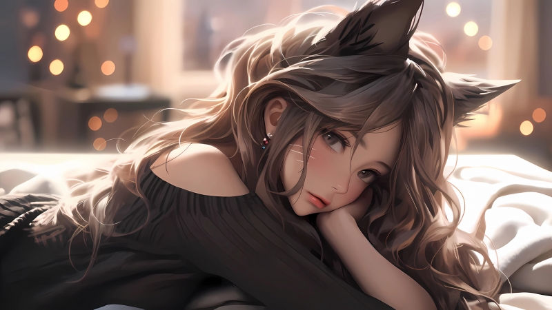 这款带猫耳的少女黑色毛衣动漫壁纸太戳人了！