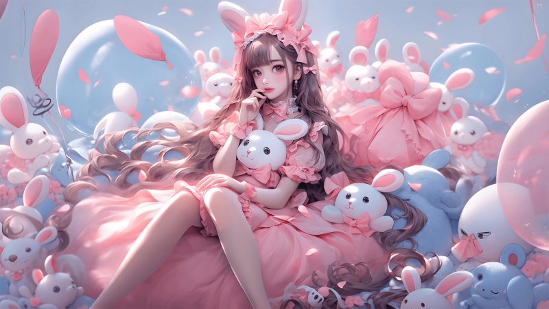 穿粉红芭比裙的软萌女孩和兔子 动漫高清壁纸