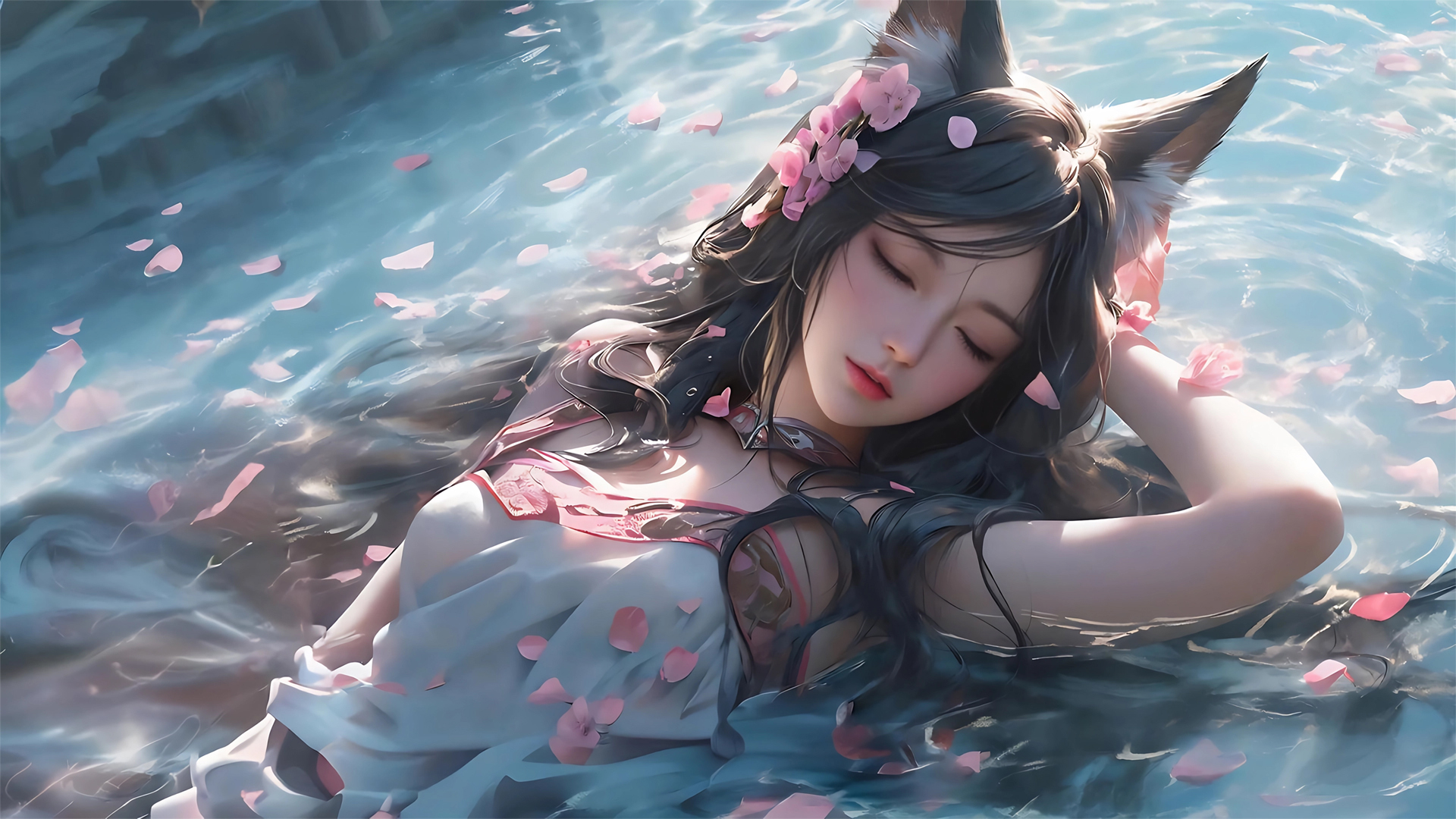 带兽耳的闭眼阿狸 粉花瓣水中唯美动漫壁纸