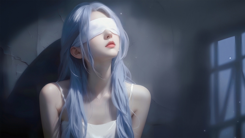 蓝发白衣服戴眼罩的动漫美女桌面壁纸分享