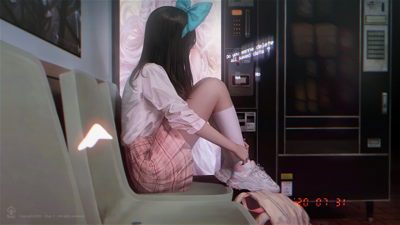 候车厅里的二次元少女！带蝴蝶头扣的白衬衫粉裙壁纸上新啦