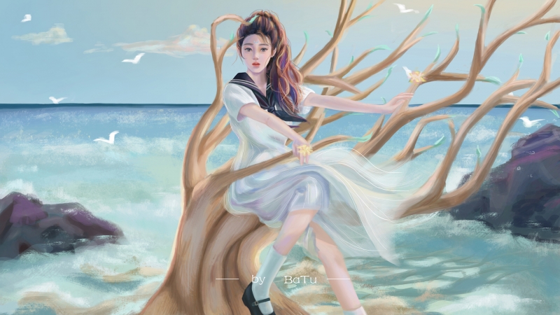 巴图BaTu 海边树木水手服少女 超美动漫电脑壁纸分享
