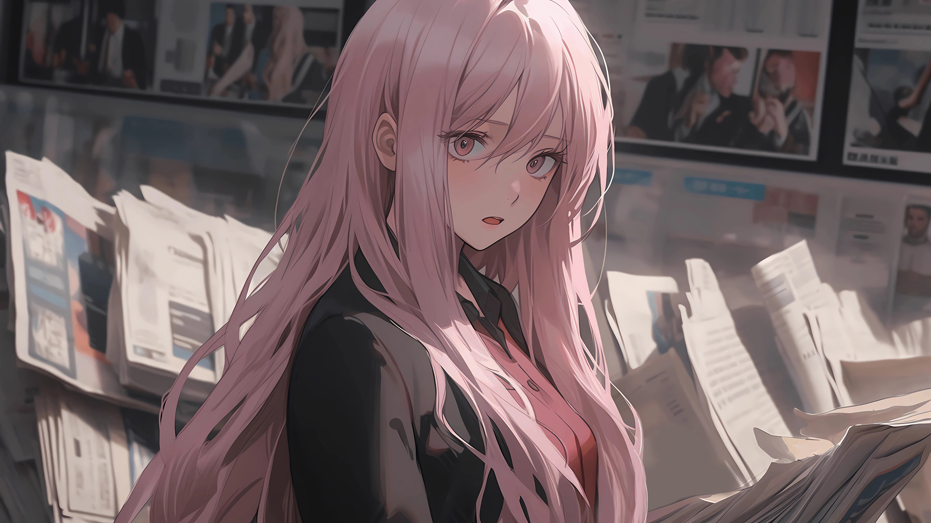报纸墙粉色长发女孩动漫壁纸 多款高清尺寸可选
