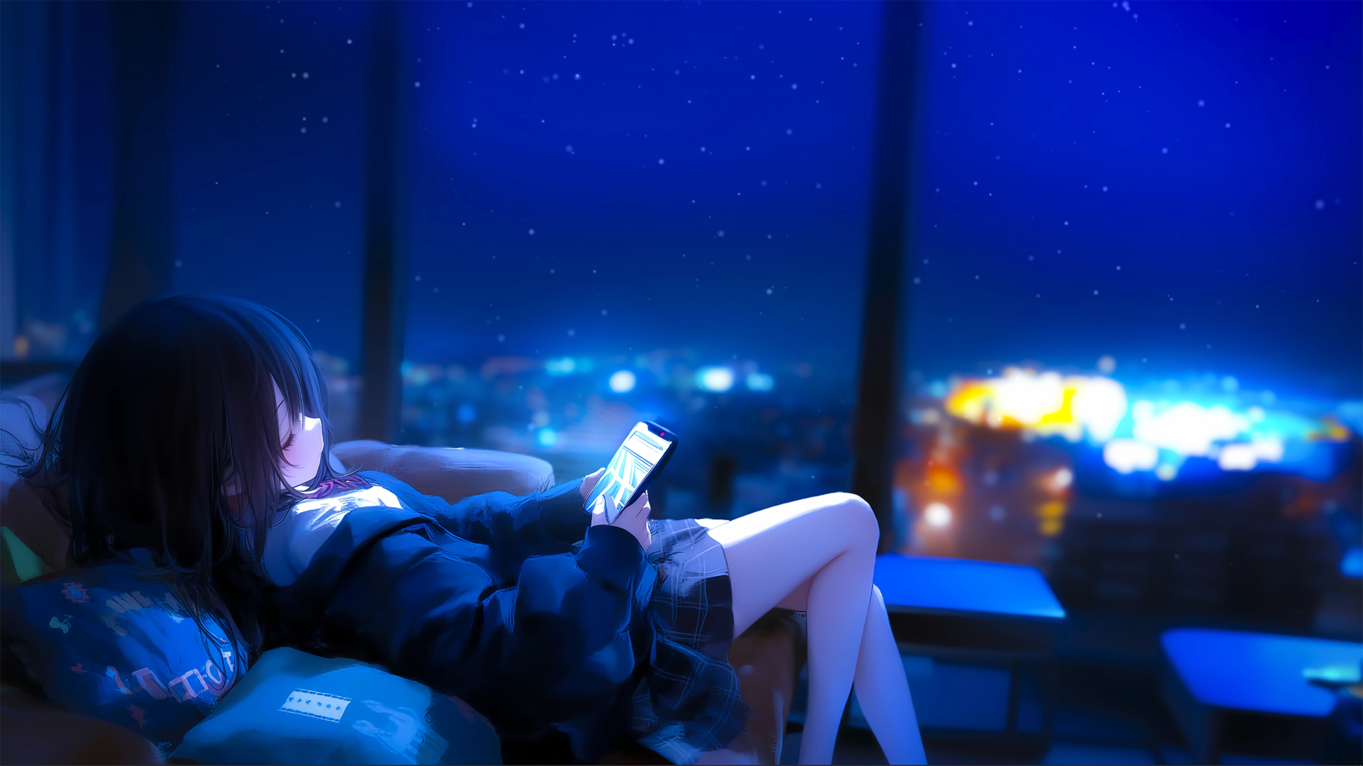 夜晚窗边飘雪的动漫少女电脑壁纸，氛围感拉满