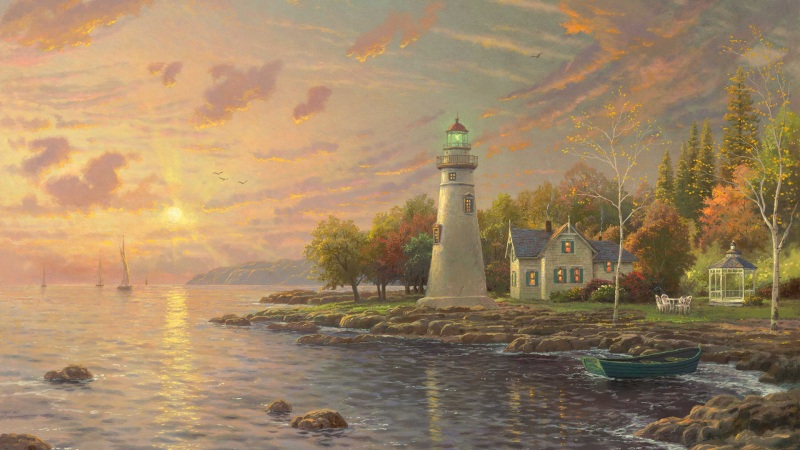 这款带灯塔的手绘风景壁纸，适配多种电脑屏幕尺寸